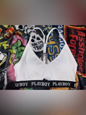 PLAYBOY White Bralette with Black Band- Size Large NWT
